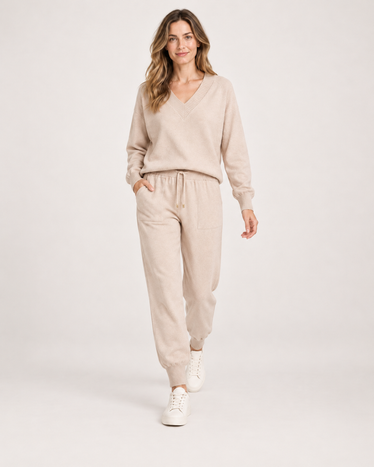 Women’s Loungewear Set with V-Neck Top and Joggers in Apricot, full body view