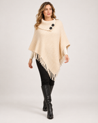 Women’s Poncho with High Neck and Button Detail in Apricot, full body view