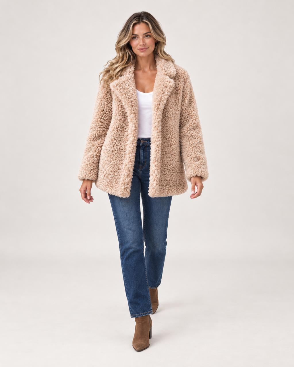 Women’s Teddy Coat with Wide Lapel Collar in Apricot, full body view