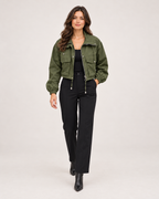Women's Cropped Utility Jacket with Stand Collar and Chest Pockets walking view