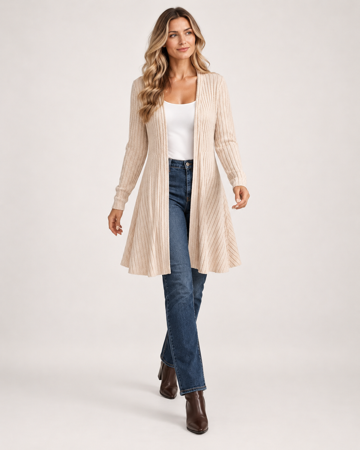 Women's Longline Cardigan with Open Front walking view