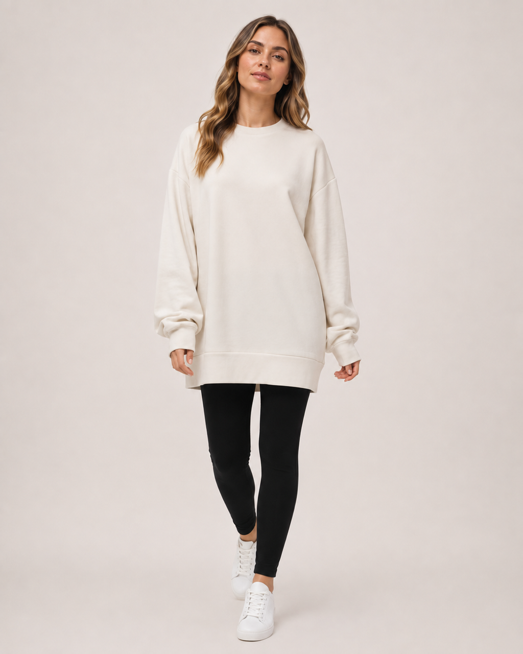 Women’s Oversized Sweatshirt with Crew Neck in Beige, full body view