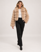 Women’s Faux Fur Jacket with Cropped Shape and Wide Collar in Beige, full body view