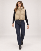 Women’s Puffer Gilet with Cropped Shape and Stand Collar in Beige, full body view