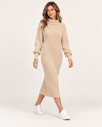 Women’s Jumper Dress with Roll Neck and Ribbed Finish in Beige, full body view
