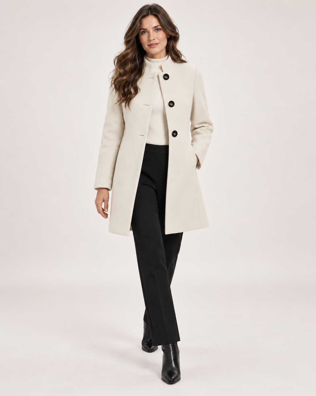 Women’s Mid Length Coat with Collarless Neck in Beige, full body view