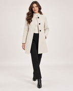 Women’s Mid Length Coat with Collarless Neck in Beige, full body view
