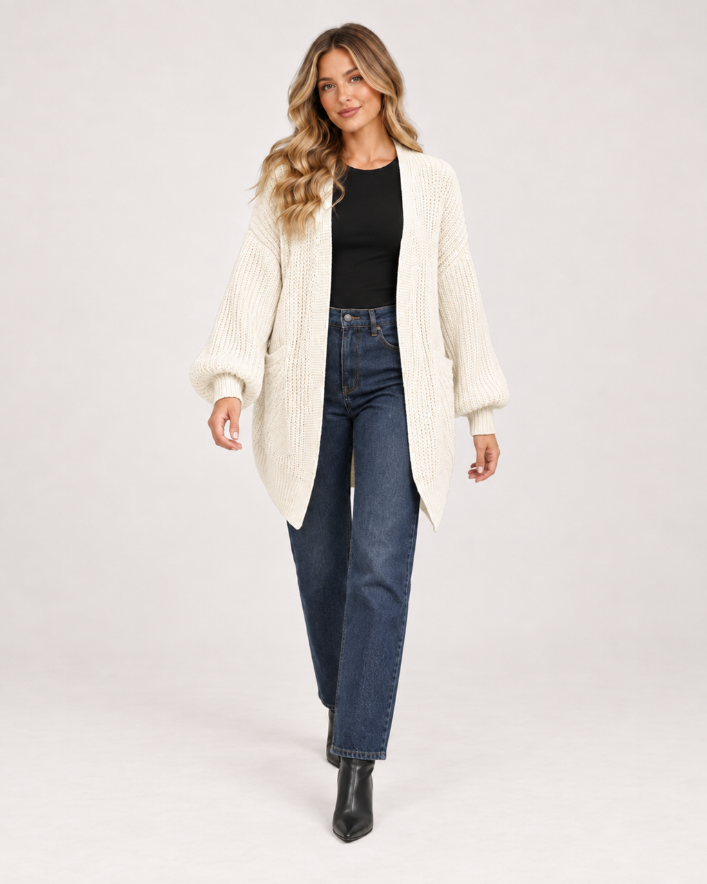 Women’s Balloon Sleeve Cardigan with Chunky Knit in Beige, full body view