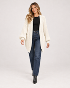 Women’s Balloon Sleeve Cardigan with Chunky Knit in Beige, full body view