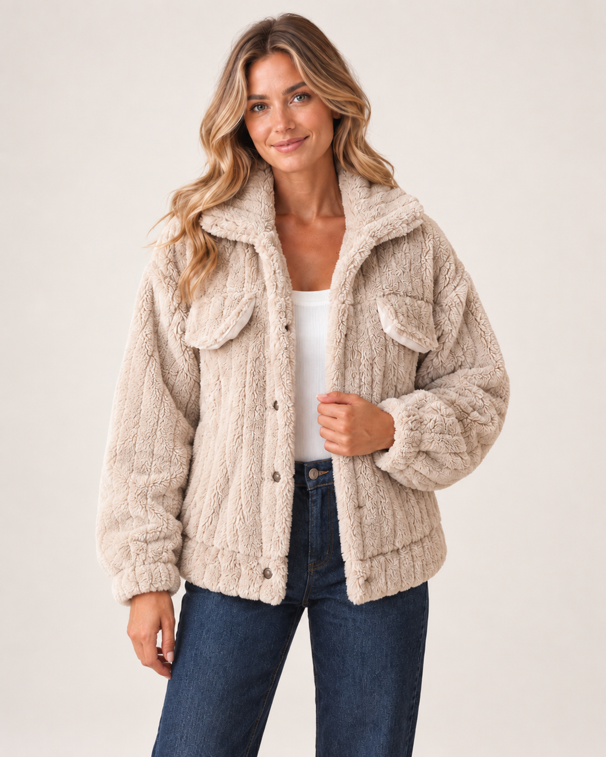 Women’s Borg Jacket with Collar and Chest Pockets in Beige, full body view