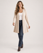 Women’s Longline Cardigan with Open Front in Beige, full body view