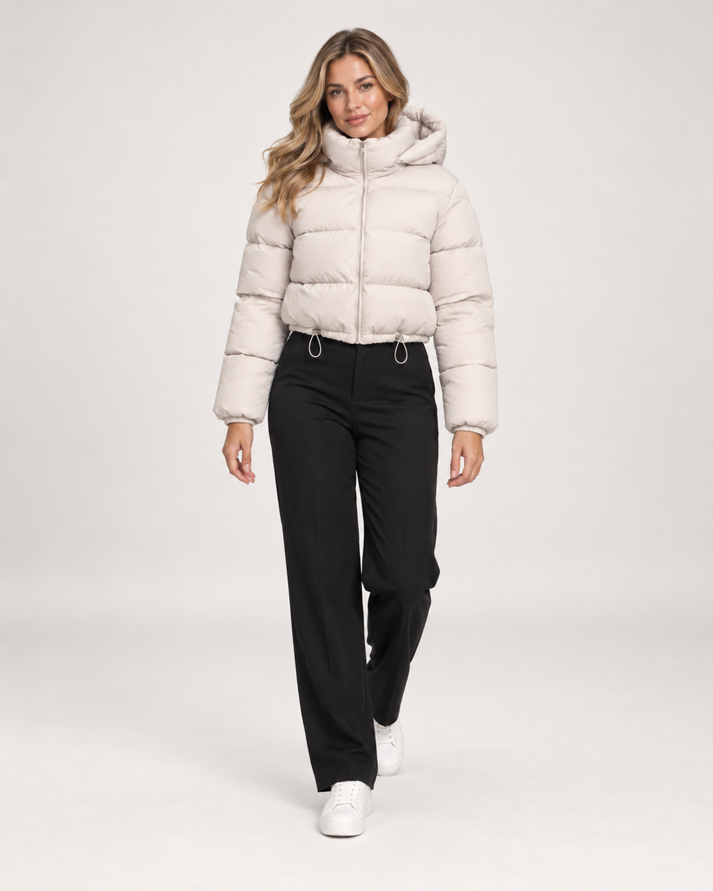Women’s Puffer Jacket with Hood and Adjustable Hem in Beige, full body view