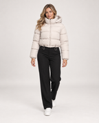 Women’s Puffer Jacket with Hood and Adjustable Hem in Beige, full body view