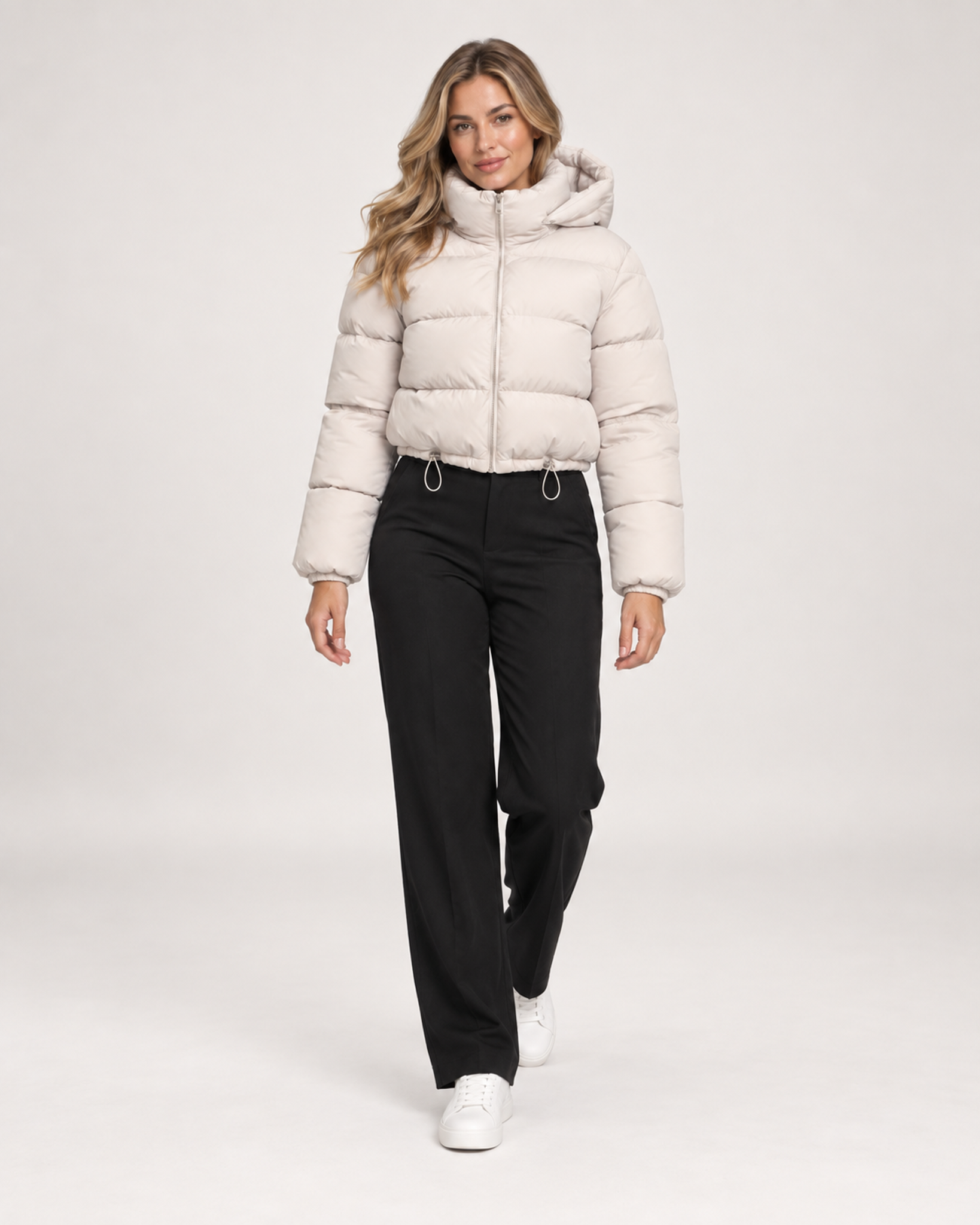 Women’s Puffer Jacket with Hood and Adjustable Hem in Beige, full body view