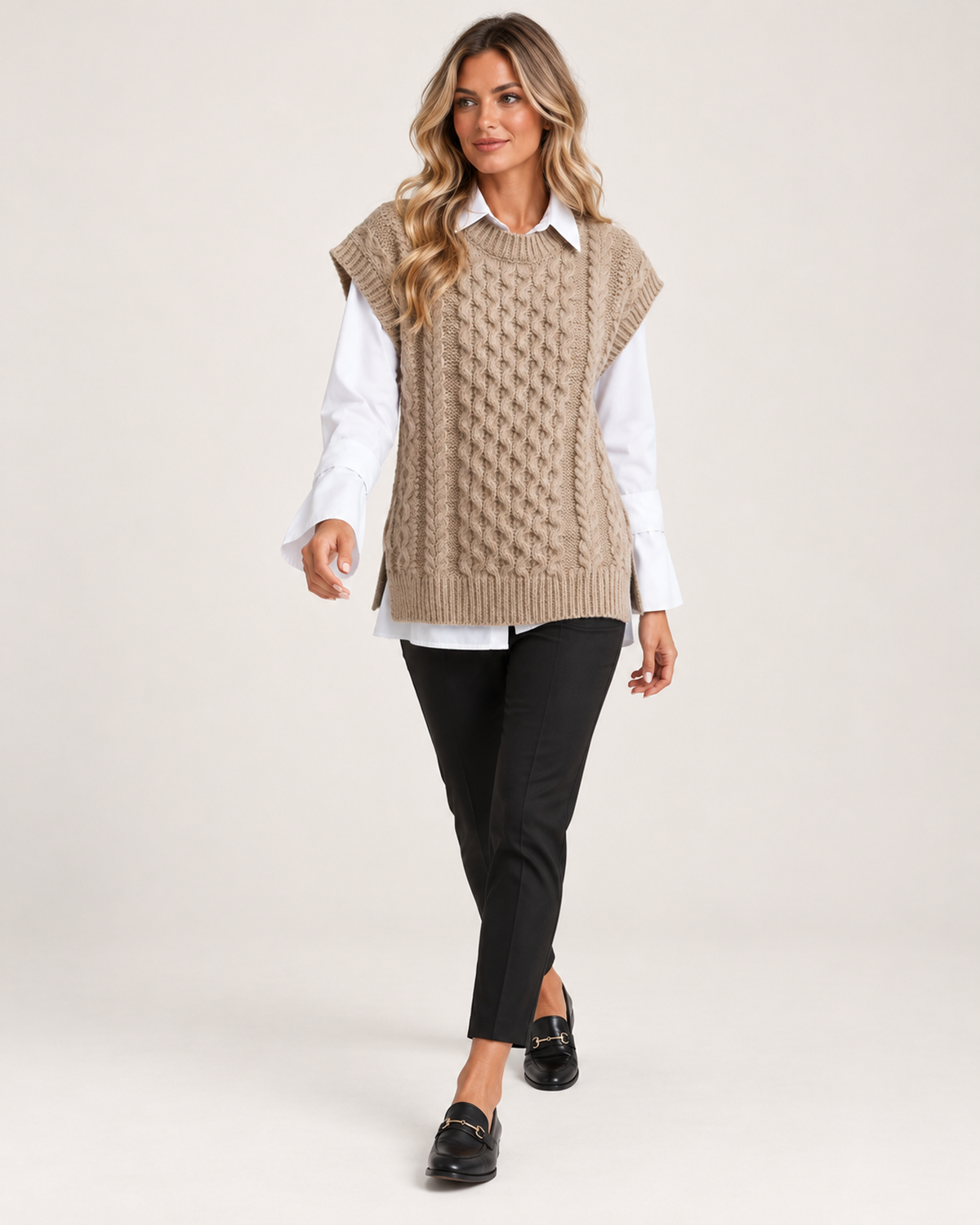 Women’s Knitted Vest with Longline Shape and Cable Detail in Beige, full body view