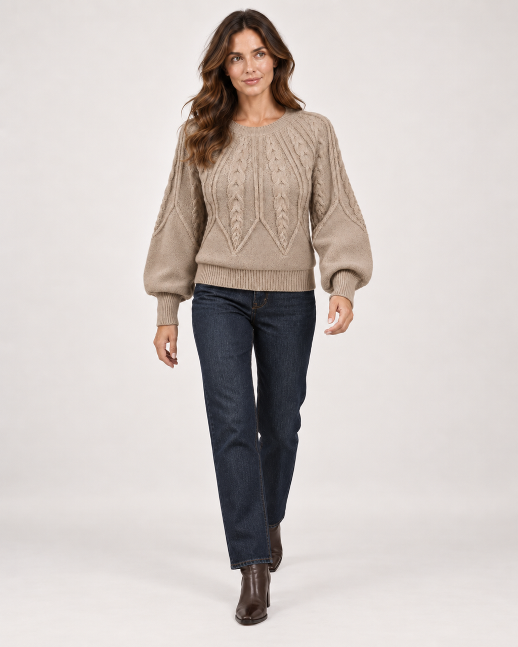 Women’s Cable Knit Jumper with Balloon Sleeves in Beige, full body view