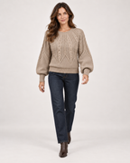Women’s Cable Knit Jumper with Balloon Sleeves in Beige, full body view