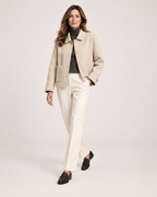 Women’s Short Jacket with Button Front and Patch Pockets in Beige, full body view