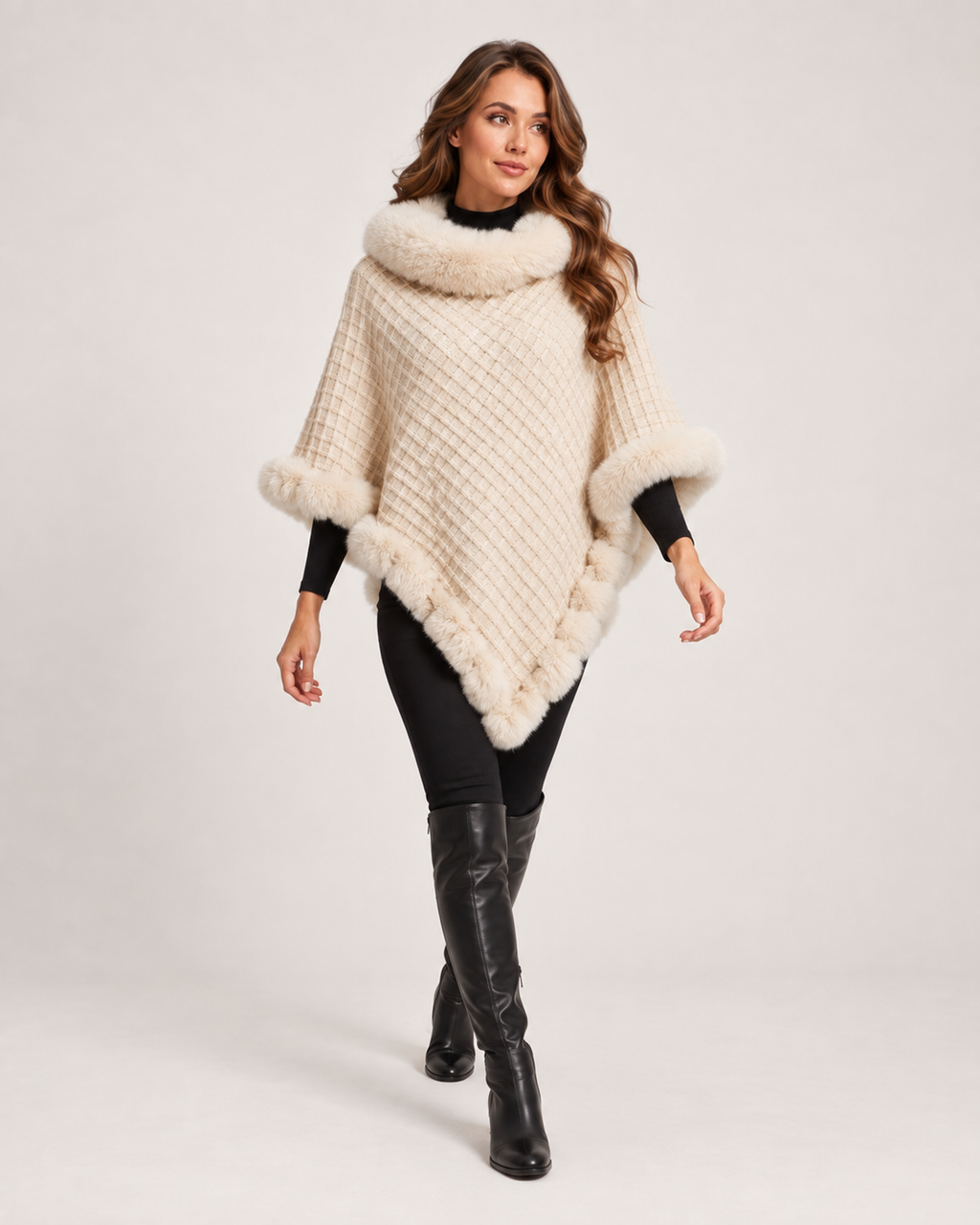 Women’s Cape Coat with Faux Fur Trim in Beige, full body view
