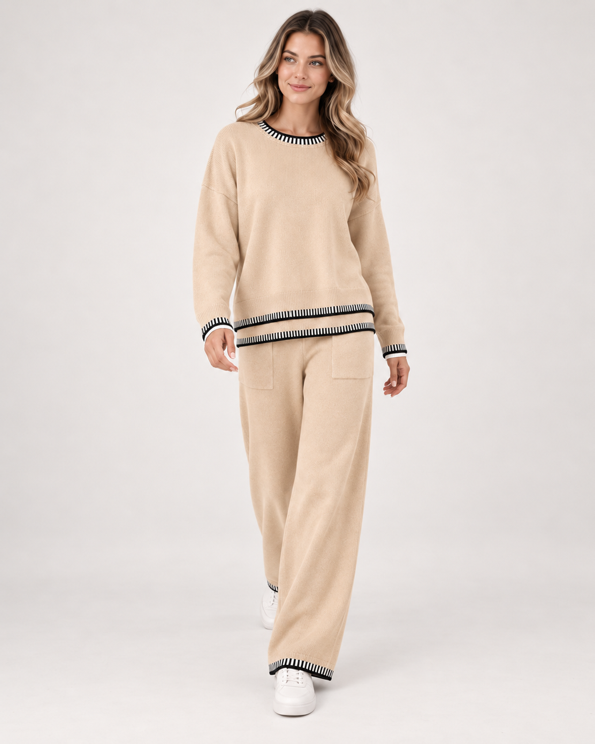 Women’s Co-Ord Set with Jumper and Wide Leg Trousers in Beige, full body view
