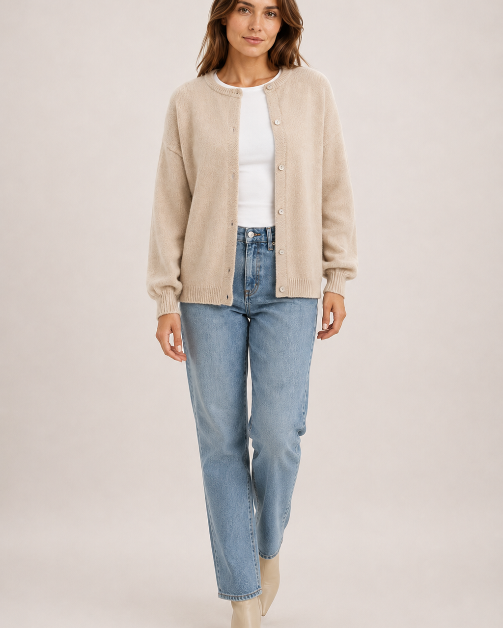 Women’s Balloon Sleeve Cardigan with Buttons in Beige, full body view