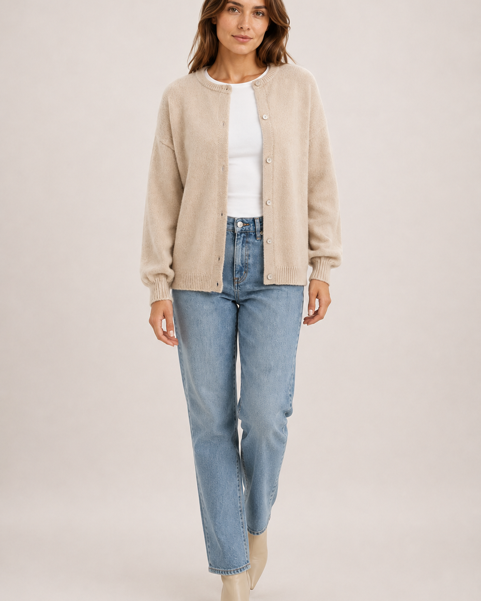 Women’s Balloon Sleeve Cardigan with Buttons in Beige, full body view