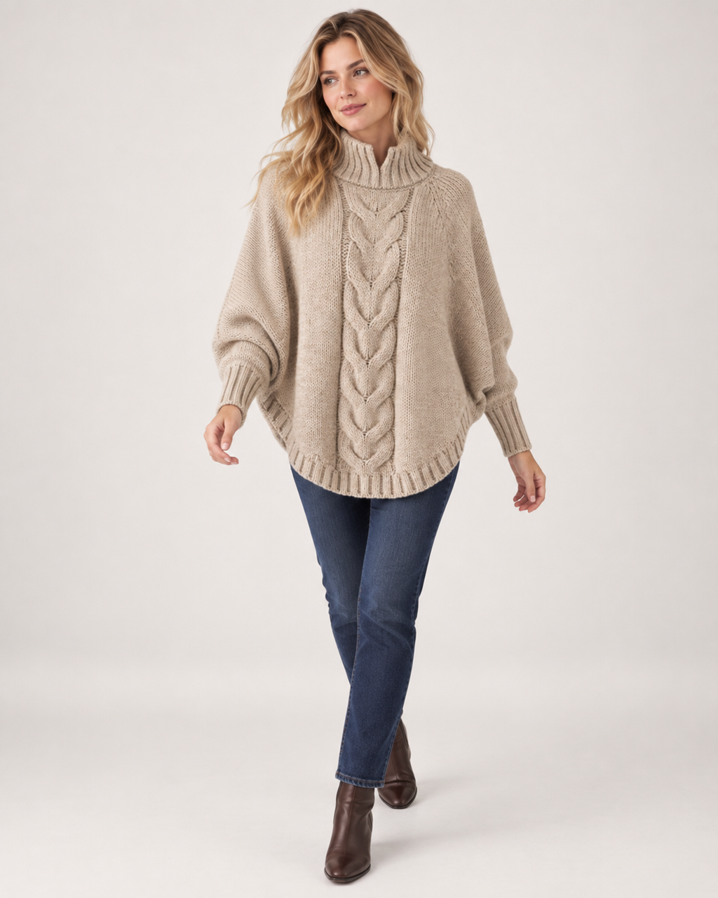 Women’s Cable Knit Jumper with High Neck and Batwing Sleeves in Beige, full body view
