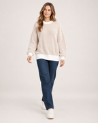 Women’s Striped Jumper with Contrast Trim in Beige, full body view