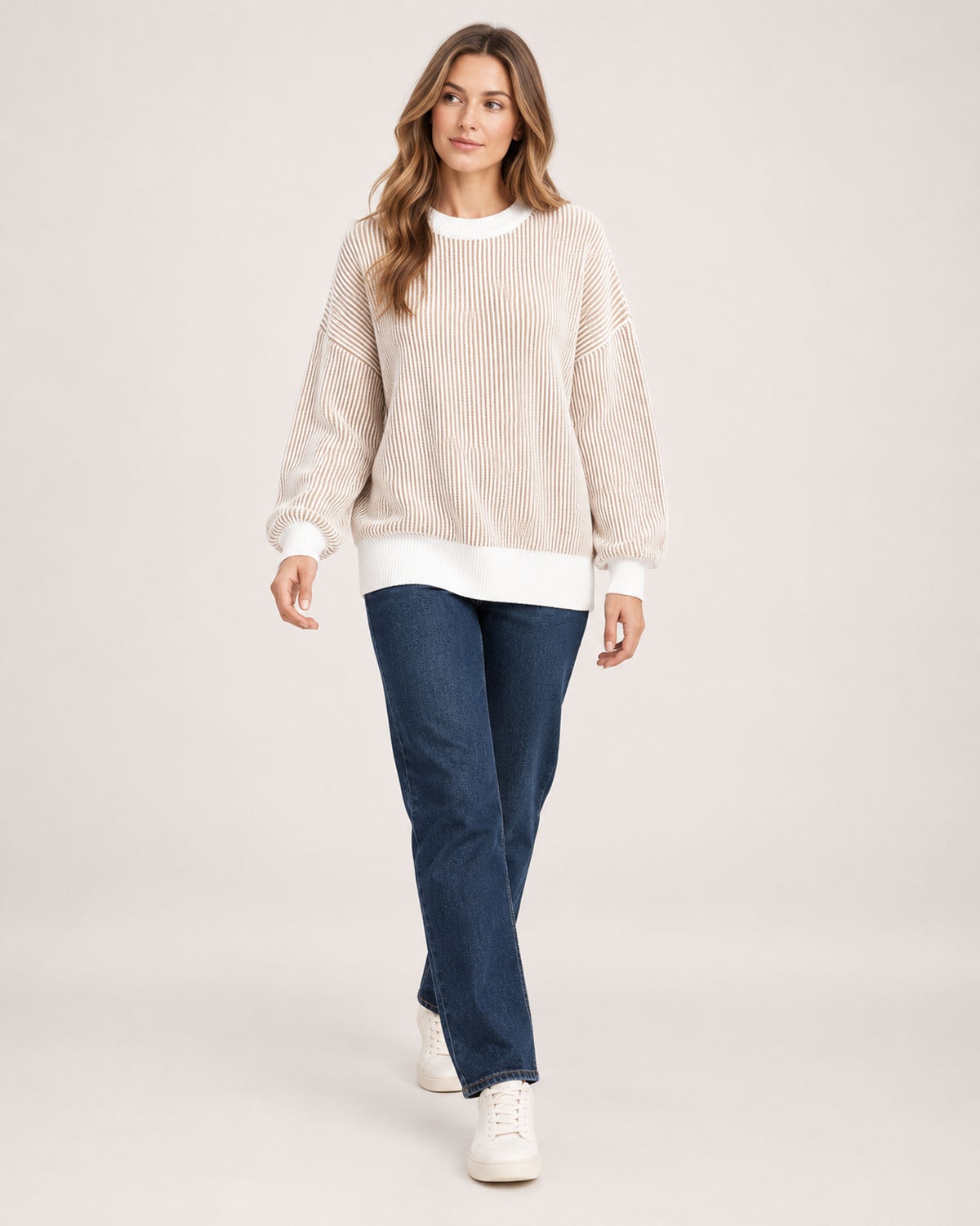 Women’s Striped Jumper with Contrast Trim in Beige, full body view