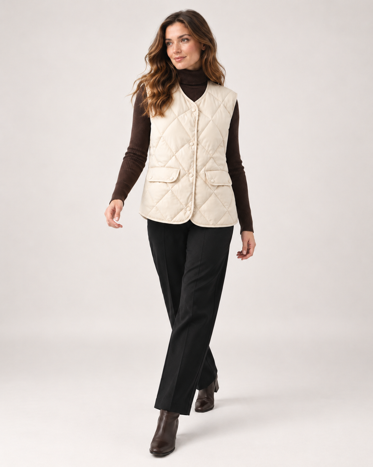 Women's Quilted Gilet with Diamond Design and Patch Pockets product view