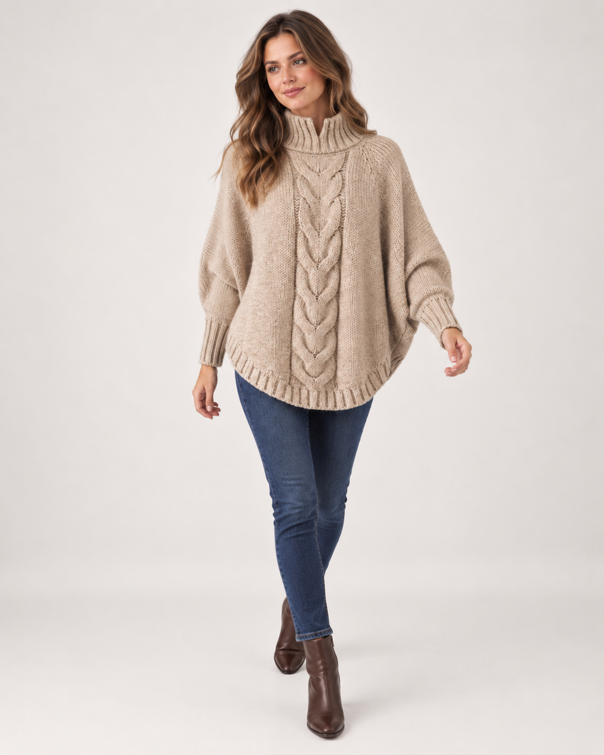 Women's Cable Knit Jumper with High Neck and Batwing Sleeves product view