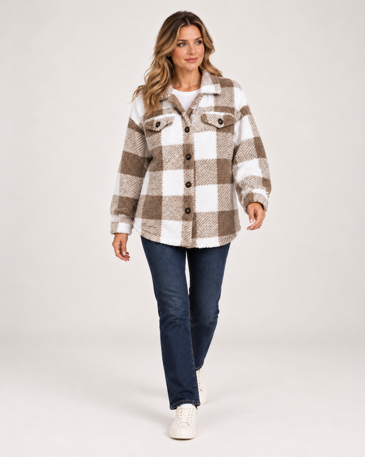 Women's Fleece Jacket with Checked Pattern and Button Front product view