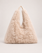 Women’s Fluffy Tote Bag with Wide Shoulder Strap in Beige, product only view