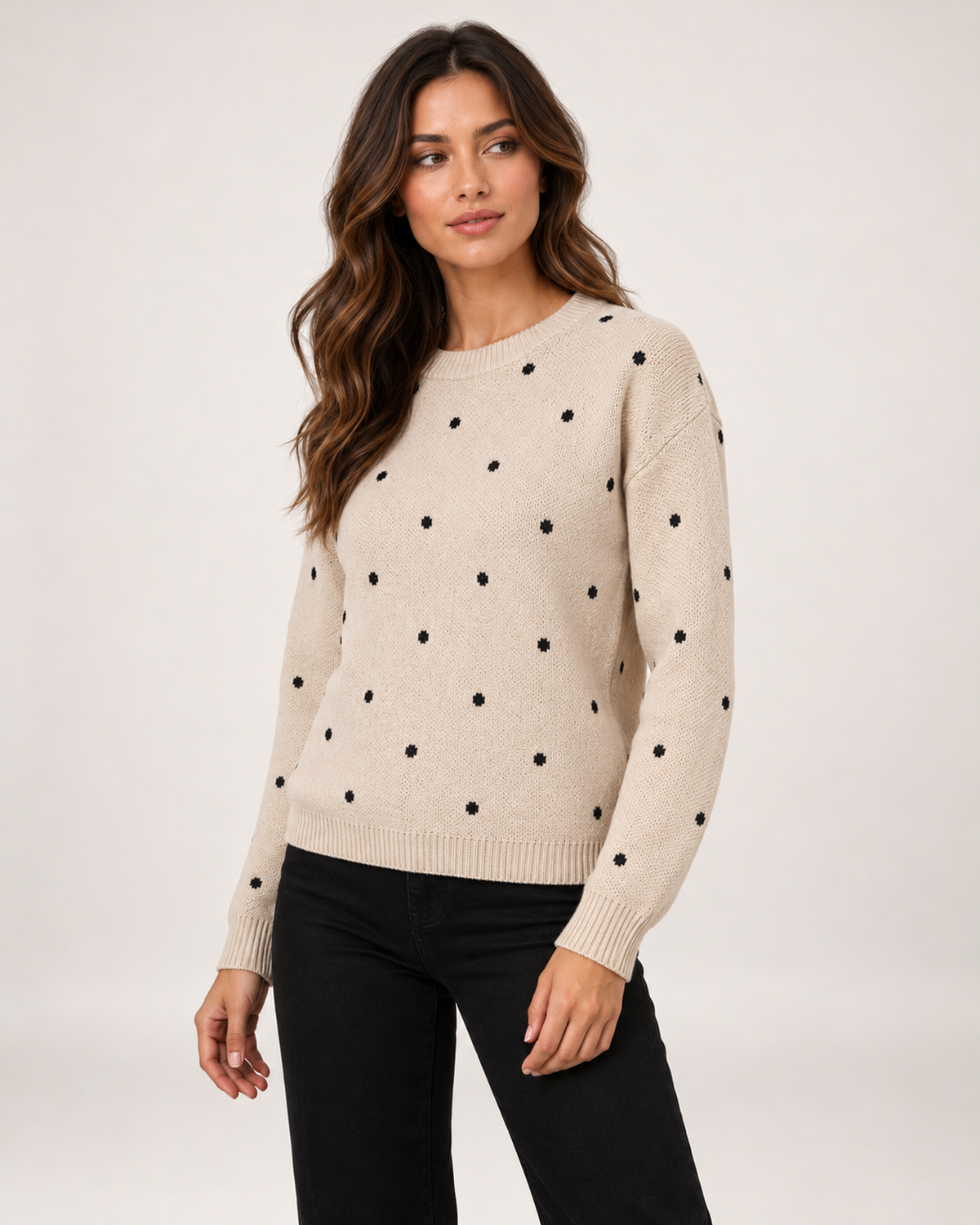 Women's beige polka dot sweater three-quarter view