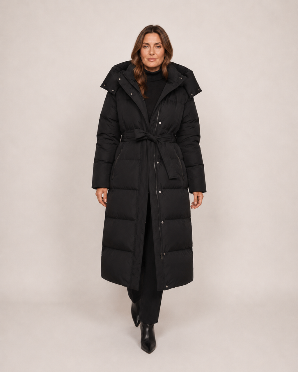 Women’s Long Puffer Coat with Hood and Belt in Black, full body view