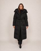 Women’s Long Puffer Coat with Hood and Belt in Black, full body view