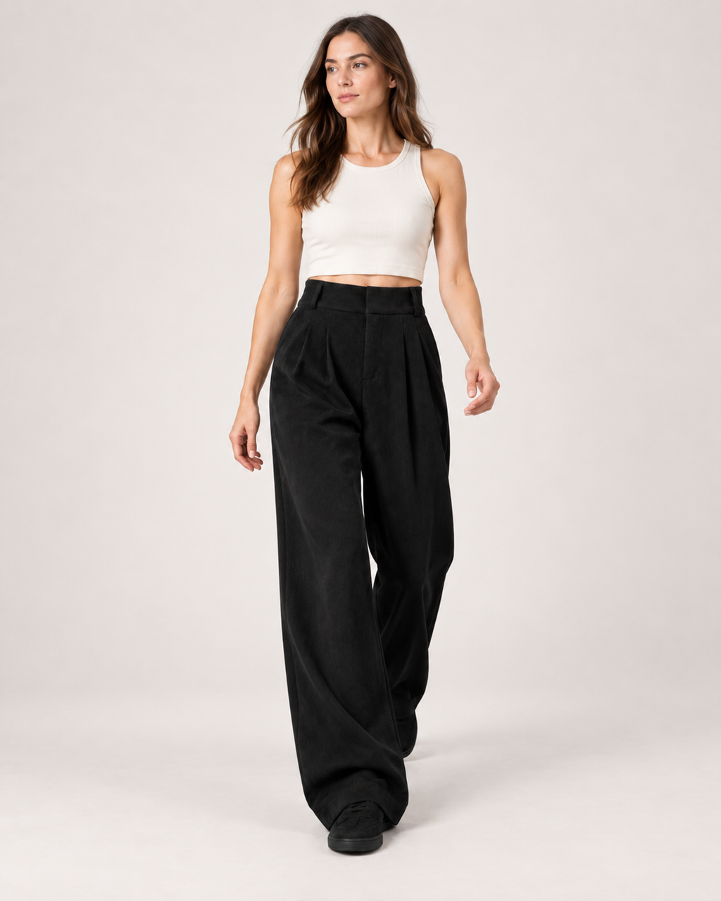 Women’s Wide Leg Trousers with High Waist and Front Pleats in Black, full body view