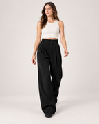 Women’s Wide Leg Trousers with High Waist and Front Pleats in Black, full body view