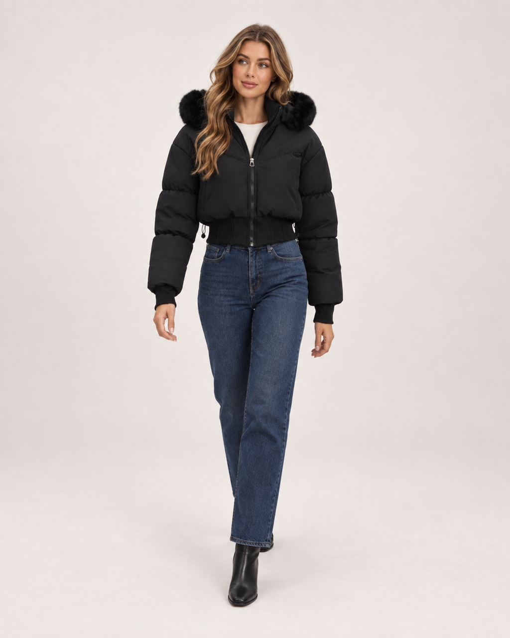 Women’s Puffer Jacket with Cropped Shape and Detachable Hood Trim in Black, full body view