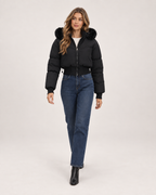 Women’s Puffer Jacket with Cropped Shape and Detachable Hood Trim in Black, full body view