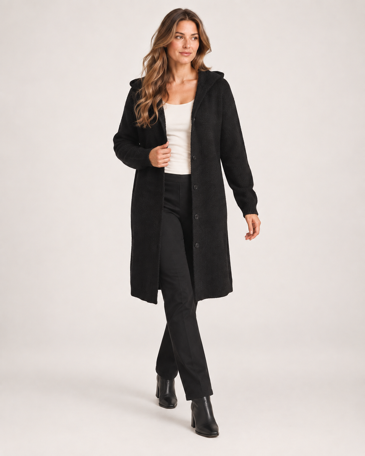 Women’s Longline Cardigan with Hood and Button Front in Black, full body view