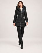 Women’s Long Puffer Jacket with Hood and Asymmetric Zip in Black, full body view