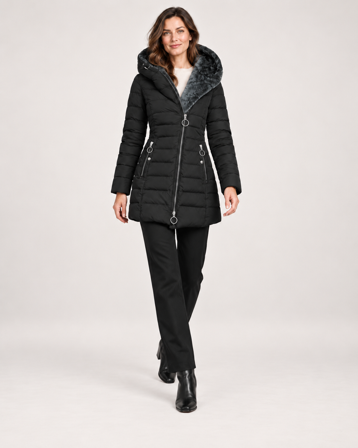 Women’s Long Puffer Jacket with Hood and Asymmetric Zip in Black, full body view