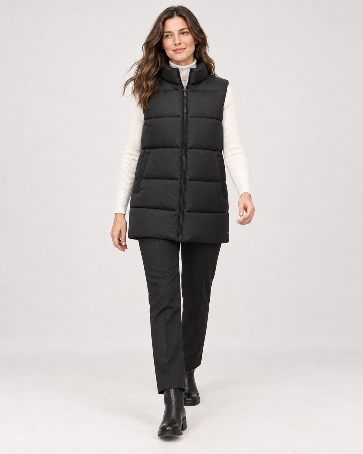 Women’s Puffer Gilet with Longline Shape and Stand Collar in Black, full body view