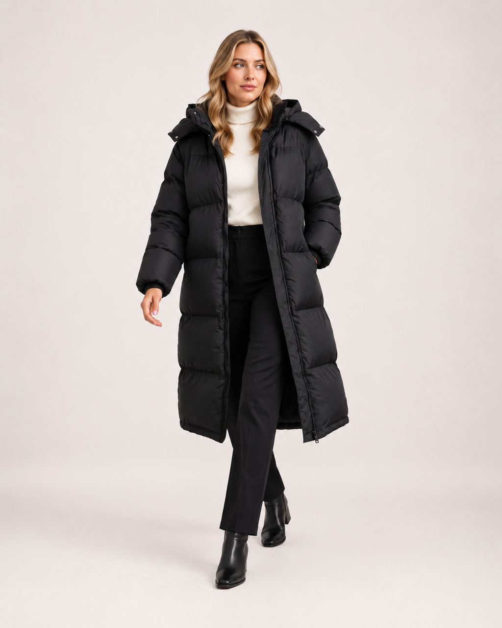 Women’s Long Puffer Coat with Hood and Oversized Fit in Black, full body view