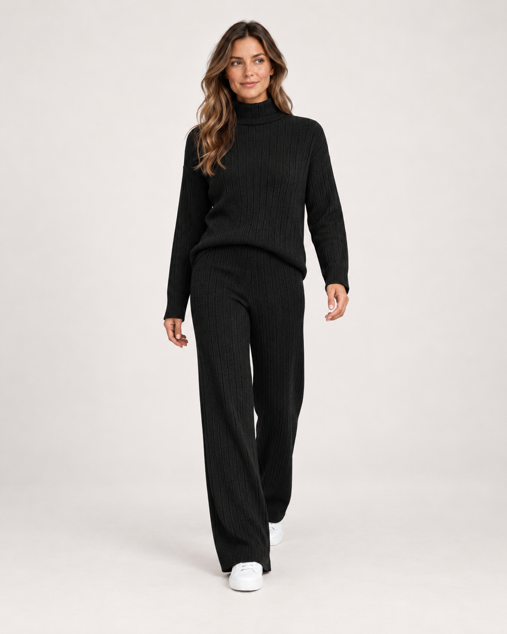 Women’s Knitted Co-Ord Set with Roll Neck and Wide Leg Trousers in Black, full body view