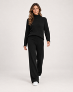 Women’s Knitted Co-Ord Set with Roll Neck and Wide Leg Trousers in Black, full body view
