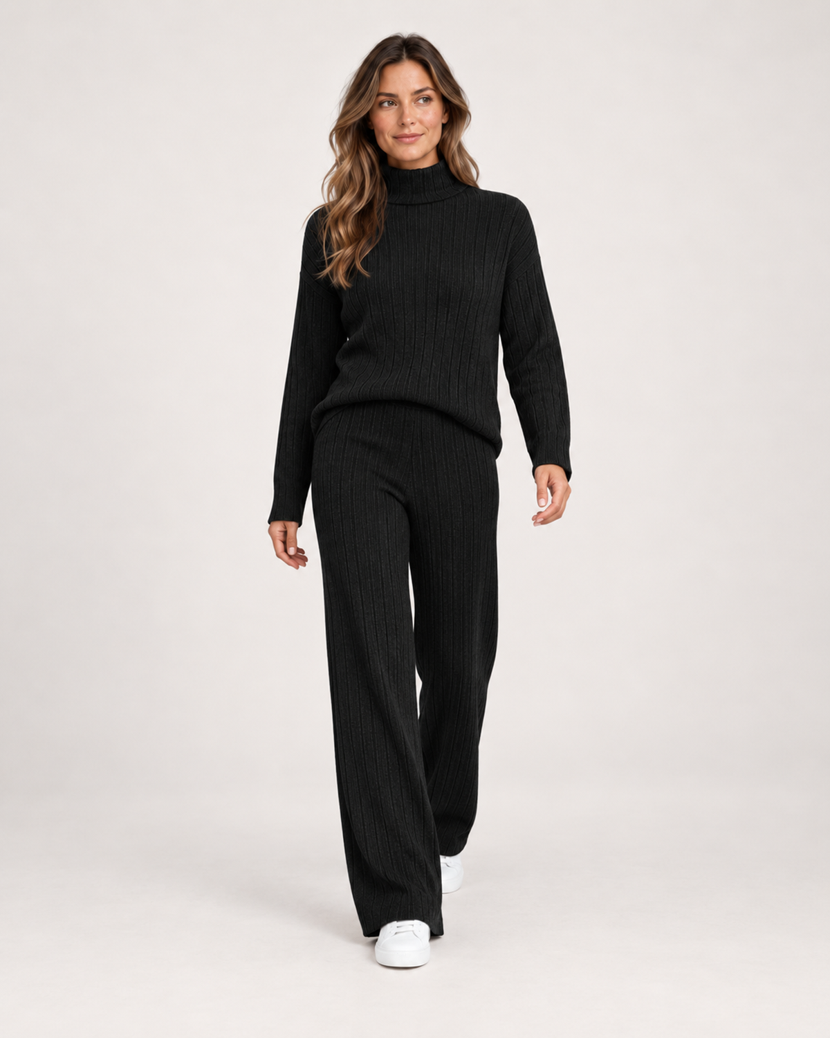 Women’s Knitted Co-Ord Set with Roll Neck and Wide Leg Trousers in Black, full body view