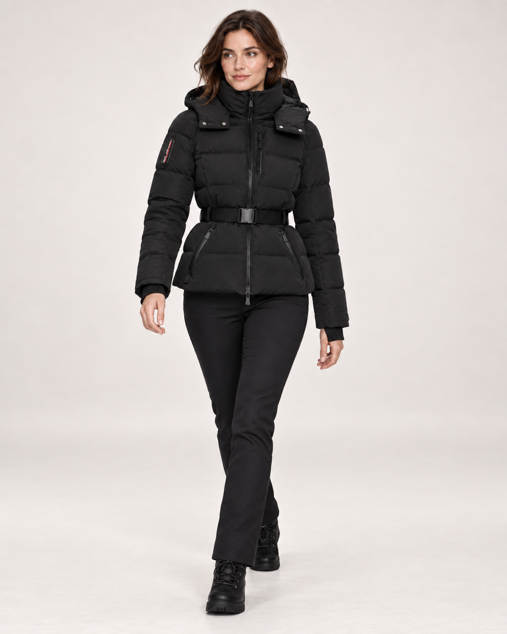 Women’s Ski Jacket in Black with Belt and Hood in Black, full body view