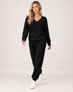Women’s Loungewear Set with Ribbed Finish and V Neck in Black, full body view